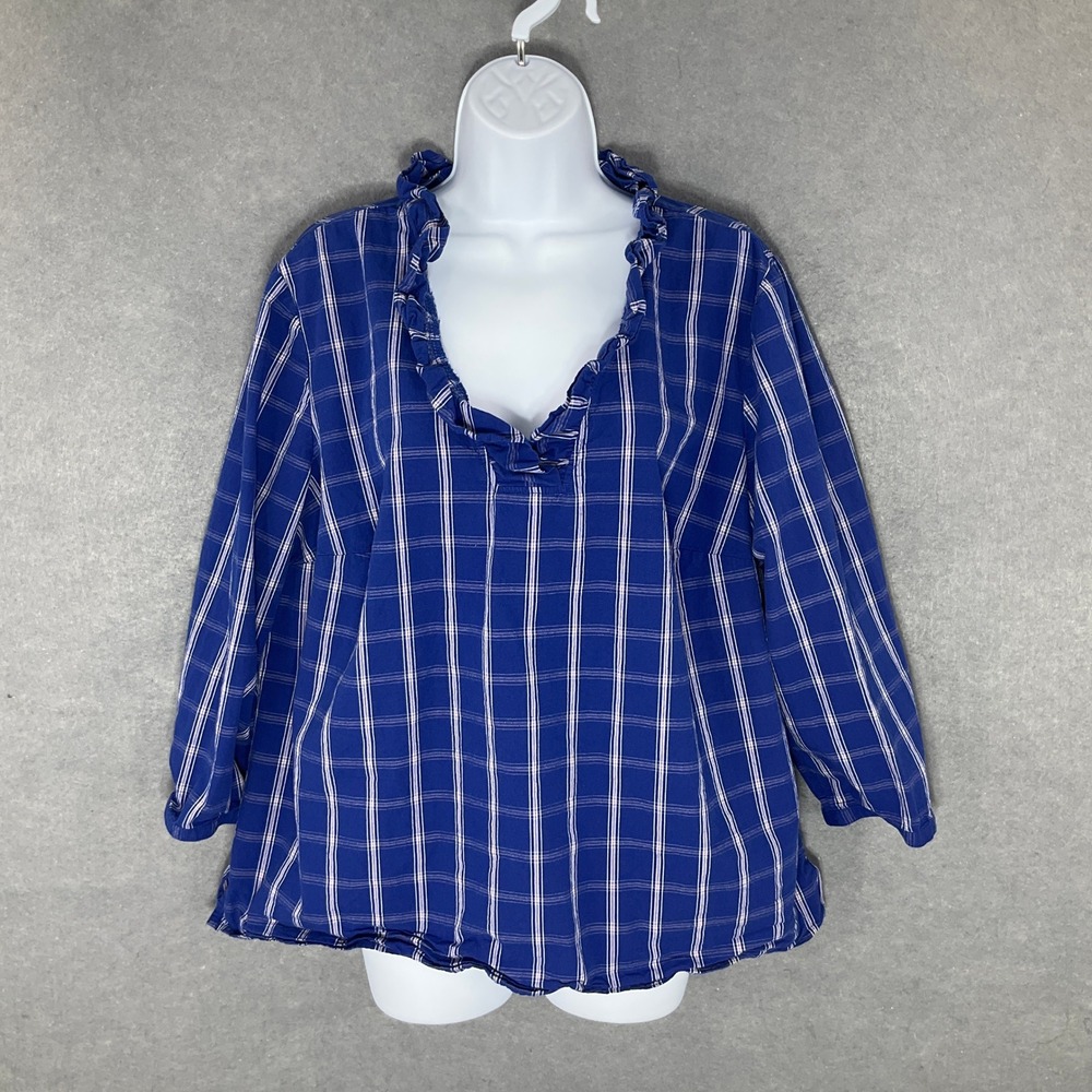 Crown & Ivy Plaid Ruffle Neck 3/4 Sleeve Blouse Top Blue White Curvy 1X